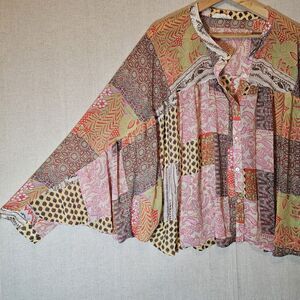 ee: some Womens Medium Sheer Top Mixed Print Pink Green Yellow Batwing